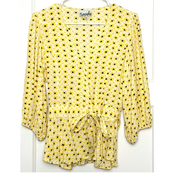 GANNI Daisy Print Crepe Puff Sleeve V-Neck Tie Waist Ruffle Peplum Wrap Top S - Picture 4 of 10